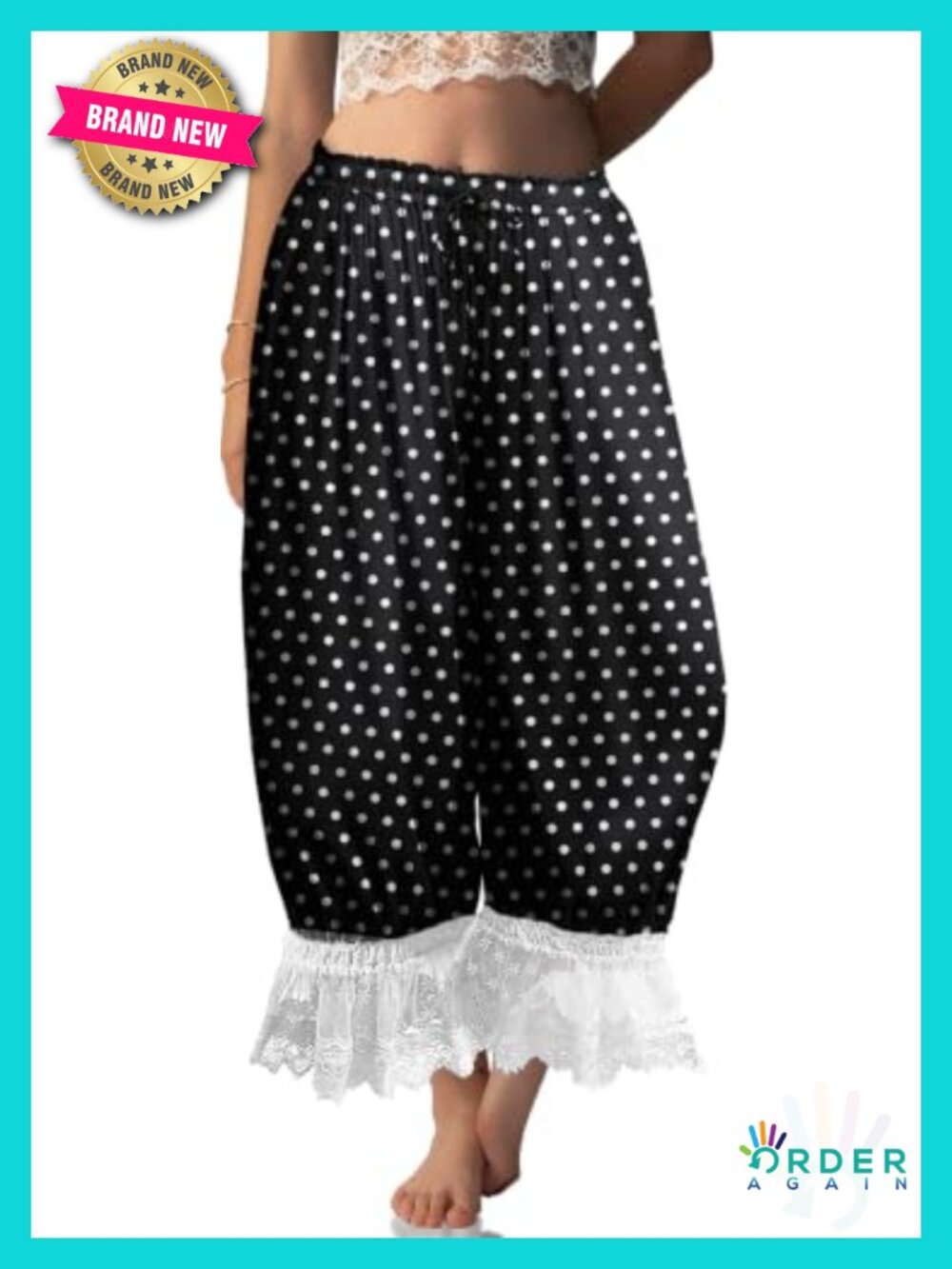 Linen Lace Trim Long Bloomers Pants with Pocket